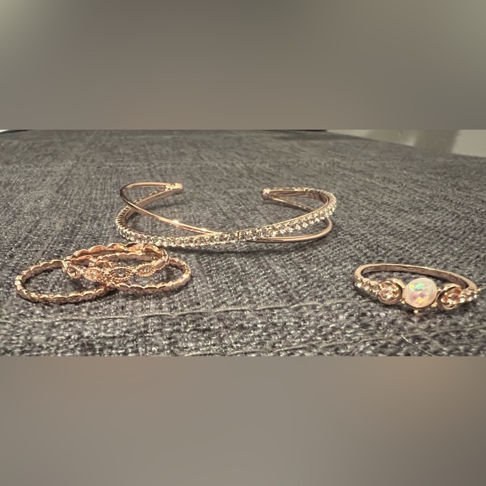 Lauren Conrad Rose Gold Tone cuff bracelet, simulated opal ring, stacking rings